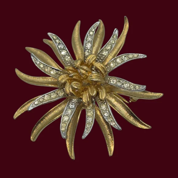MCM Vintage Coro Chrysanthemum Starburst Floral Brooch Gold Silver Rhinestones - Picture 4 of 9